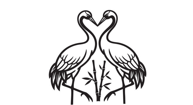 Black and white flamingo pair illustration, heart shaped necks, minimalist bird design, simple line art