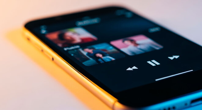 Music playlist selection on smartphone close up showing album covers and playback controls. Digital interface concept for mobile app development, streaming services, and media.