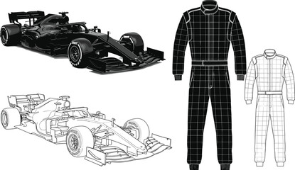 Fototapeta premium Formula 1 Car and Racing Suit Icon Set Featuring Detailed Car Designs and Racing Gear for Motorsport and Racing Events