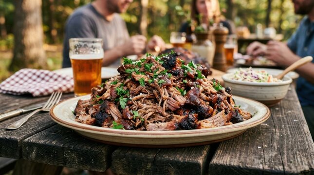 Tender Shredded Pulled Pork Dish Served Outdoors With Beer and People Dining
