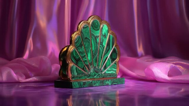 A decorative piece with a green malachite design in a gold frame against a shiny purple backdrop