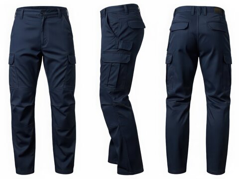 Dark blue cargo pants with multiple pockets for outdoor activities and casual wear