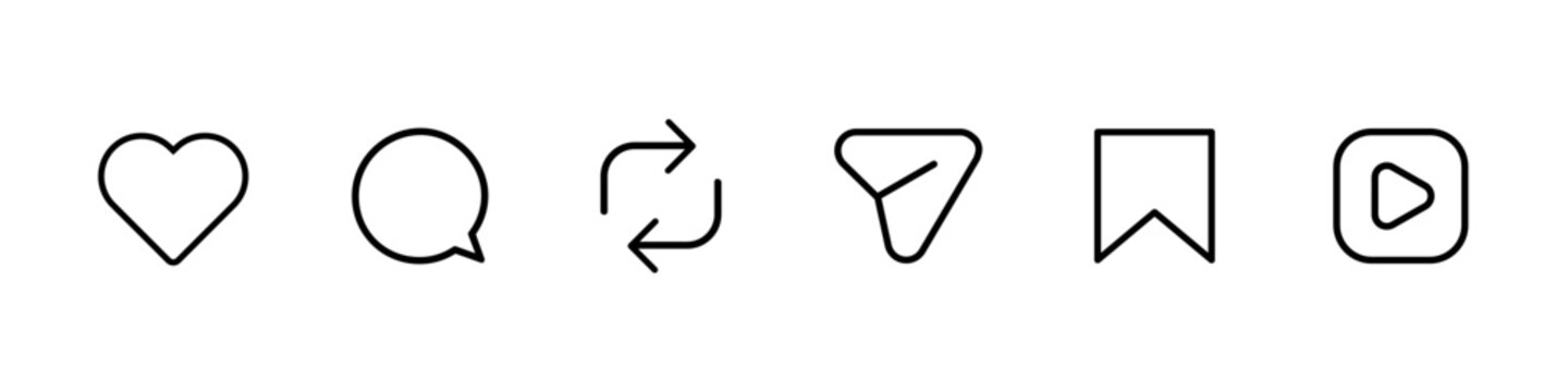 Instagram notification outline icon set including symbols of like, comment, repost, share and save, social network post reactions