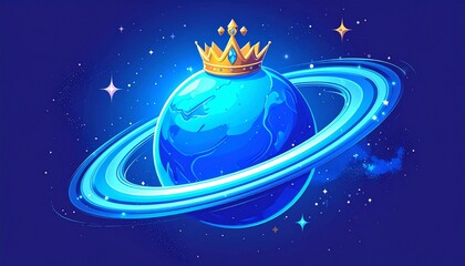 Naklejka premium royal planet with glowing crown and rings in cosmic space fantasy scene