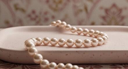 Obraz premium Elegant Pearl Necklace Displayed on a Soft Pink Oval Tray.