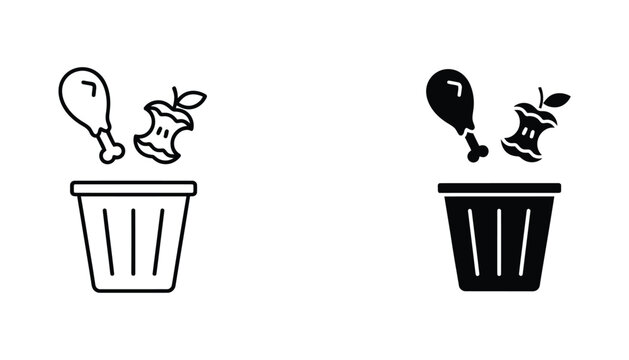 Trash can with chicken leg and apple core waste icon set in outline and solid black vector style for disposal concepts