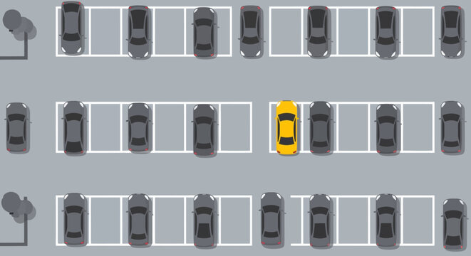 Yellow car in parking lot with empty spaces