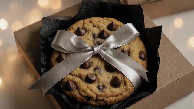 Large chocolate chip cookie with a shiny silver ribbon in a gift box, cozy bokeh background
