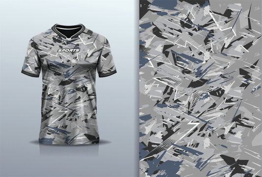 T-shirt mockup abstract texture grunge sport jersey design for football, soccer, racing, esports, running,  gray white color