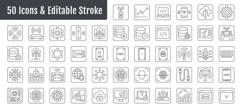 A set of minimal design icons featuring modern computer components, including digital locks, network systems, and digital settings. The icons are designed to be flexible, allowing adjustable stroke th
