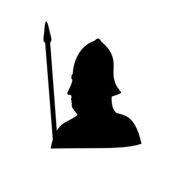 Medieval knight silhouette, black warrior icon, helmet and spear, vector medieval