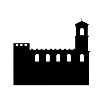 Medieval castle wall, fortress silhouette, tower icon, black vector illustration