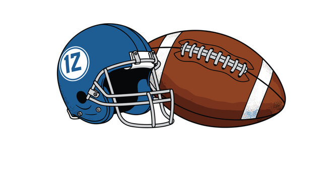 Classic american football equipment featuring a blue helmet with a white logo and a brown leather ball with white stripes on white background.