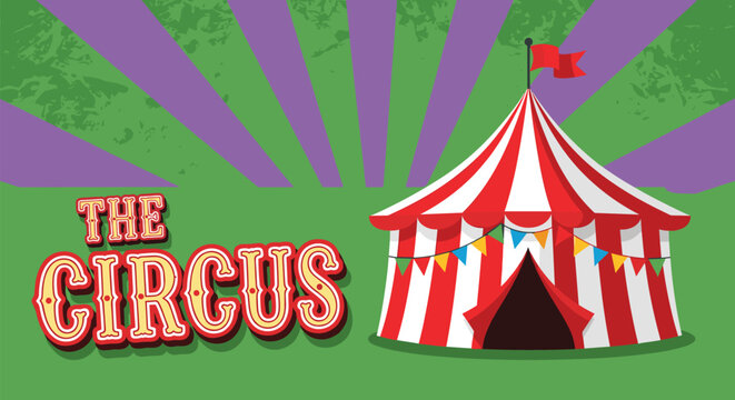 Vibrant circus tent illustration with the words THE CIRCUS in bold letters set against a green field and purple sunburst background pattern.