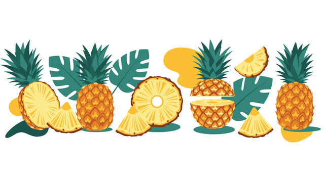 Vibrant decorative border featuring whole and sliced pineapples with tropical leaves and abstract shapes, perfect for summer and fruity designs.
