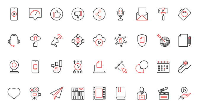 Content creation trendy red black thin line icons set vector illustration. Digital marketing, storytelling in social media, online patent for author and original text protection, creative blog design.