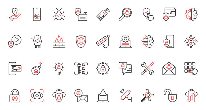 Secure information trendy red black thin line icons set vector illustration. Internet technology, protection from virus attack, malware, and access in network.