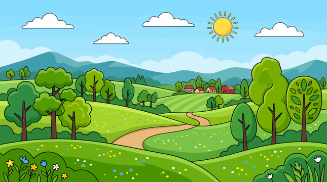 A serene landscape of rolling hills, trees, and a sunny sky with clouds overlooking a rural countryside scene