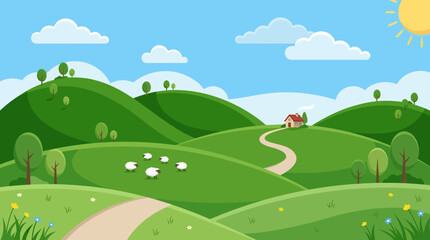Fototapeta premium A serene landscape of rolling hills, trees, sheep, road, and sunny sky with clouds.