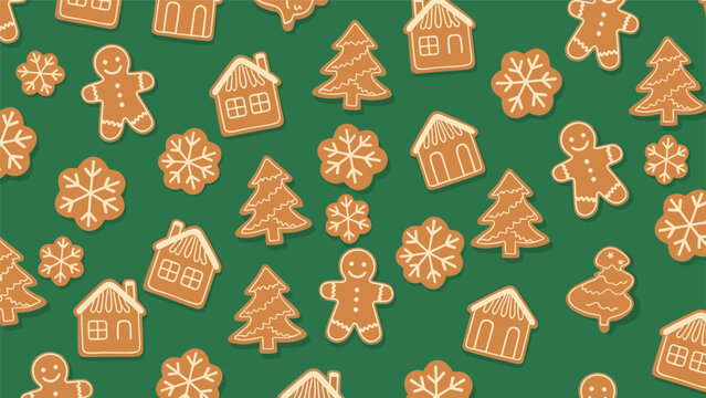 Delightful seamless pattern filled with an assortment of festive gingerbread cookies, including men, houses, trees, and snowflakes, against a green background.