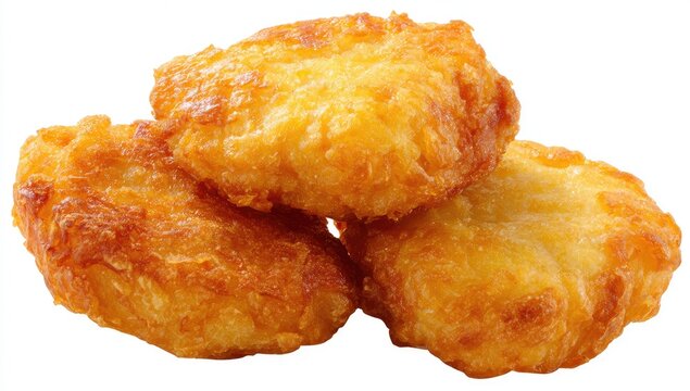 Golden brown fried chicken pieces piled together on a white background