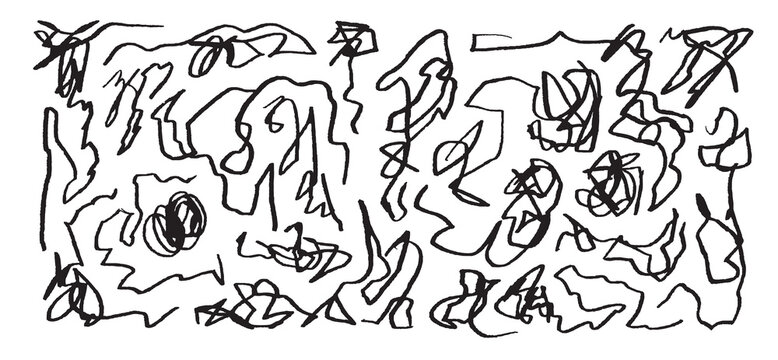 Background with drawn scribble lines and doodles. Collection pencil curved lines. Black curvy hand drawn elements. Rough freehand brush elements with wavy lines