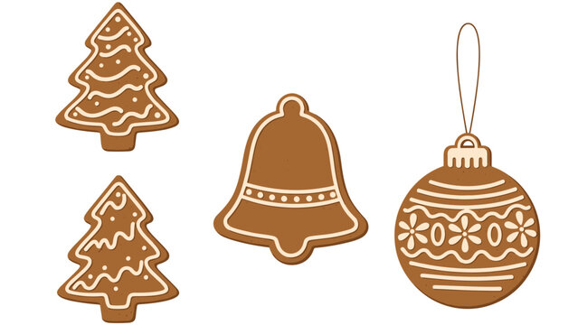 Assortment of beautifully decorated gingerbread cookies, including Christmas trees, a bell, and a festive bauble, perfect for holiday baking themes.