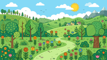 Naklejka premium A sunny day scene of a serene landscape with trees, flowers, and a winding road through a green valley.