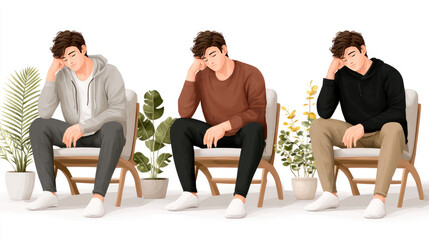 Obraz premium Young adult man experiencing burnout, mental fatigue, and stress, sitting exhausted and overwhelmed, needing rest, emotional support, and self care for recovery and wellness