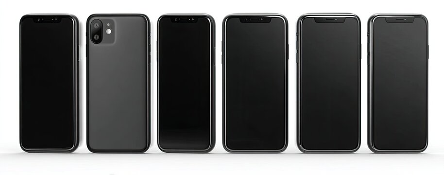 Six dark gray smartphones in a row, with the back of one visible