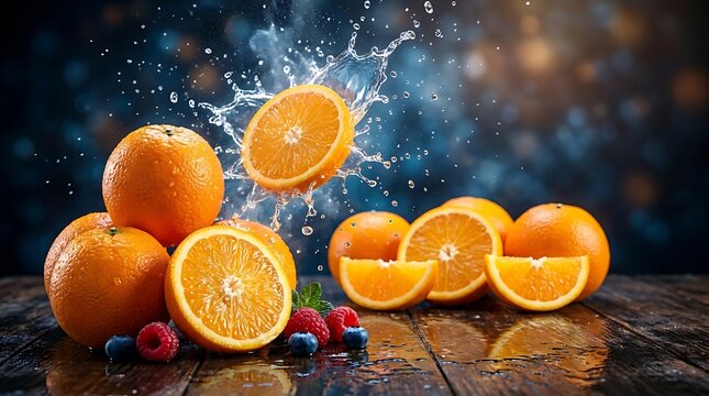 Buah Jeruk Segar dengan Percikan Air dan Buah Berry untuk Konsep Kesehatan dan Kesegaran Alami