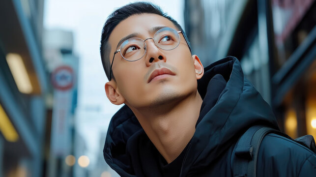 Asian man walking in busy city street, turning head looking back, urban travel exploration, modern daily life of an individual in a vibrant metropolitan area