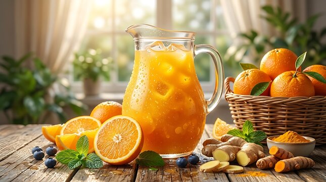 Jus Jeruk Segar Dingin Disajikan dengan Irisan Jeruk, Jahe, dan Kunyit untuk Hidrasi Sehat Tropis