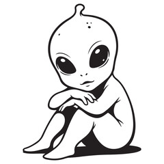 Obraz premium Cute baby alien sitting and hugging knees black and white vector illustration for mascot or sticker design