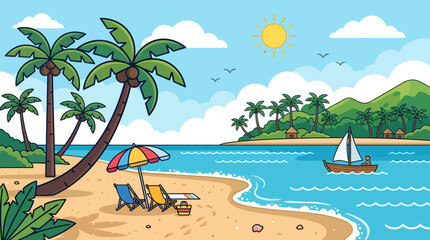 Obraz premium A serene beach scene with palm trees, lounge chairs, and a sailboat on the calm ocean water.