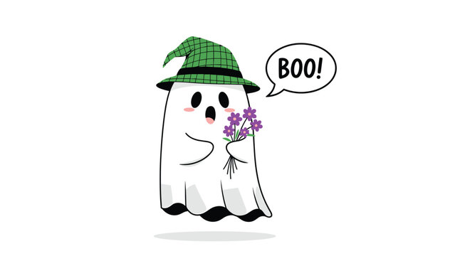 Adorable cartoon ghost wearing a charming green plaid hat and holding a bouquet of purple flowers, standing and exclaiming "Boo!" in a playful speech bubble.