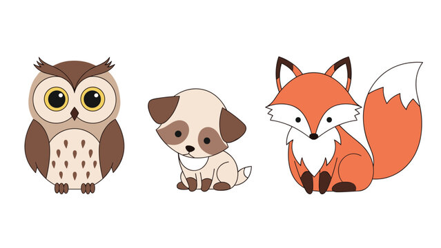 Adorable collection of cute forest animals, including a wise owl, a playful puppy, and a cunning fox, rendered in a charming cartoon style for children's designs.