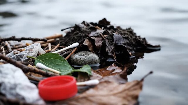 Floating debris including plastic bottle caps, cotton swabs, and leaves on the water surface, showcasing environmental pollution in a natural setting