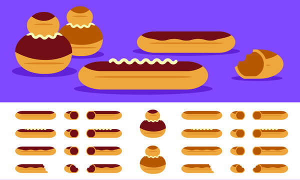 French pastry eclairs and religieuses dessert flat vector illustration set