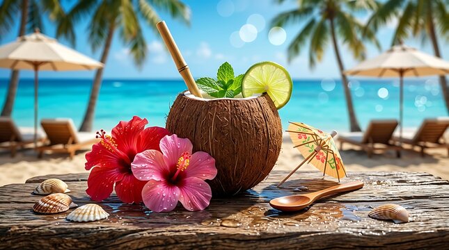 Minuman Kelapa Segar di Pantai Tropis dengan Bunga Hibiscus dan Kipas Pulau Tropis