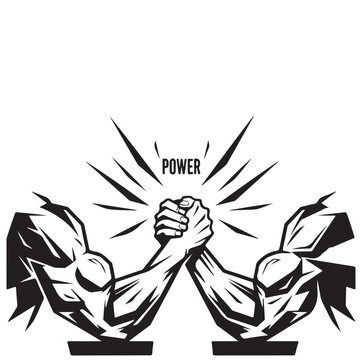 Arm wrestling vector illustration of two muscular arms in competition with power text for fitness and sports branding