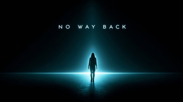 A woman walks towards a bright light in a dark room with no way back