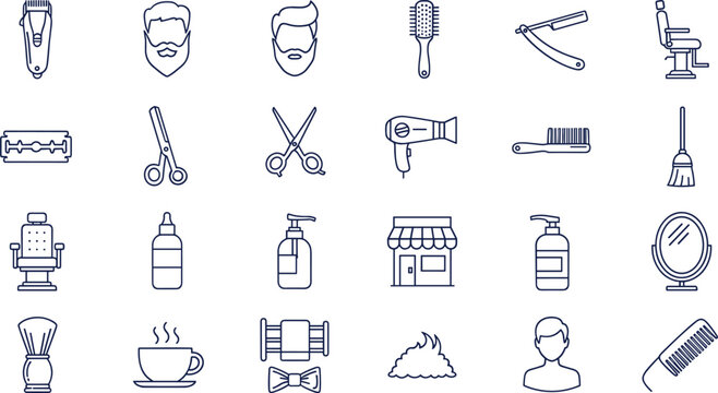 Barbershop grooming icon set, straight razor, barber chair, scissors, hairdryer, comb, barber pole, shaving brush, editable vector outline design