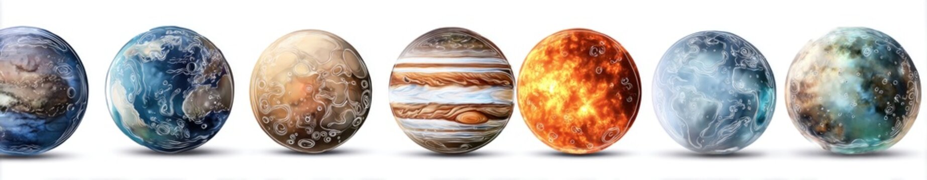 A line of 7 planet-like spheres on white, showcasing varied textures & colors