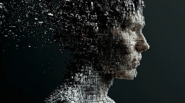 A pixelated man's face dissolving into digital fragments