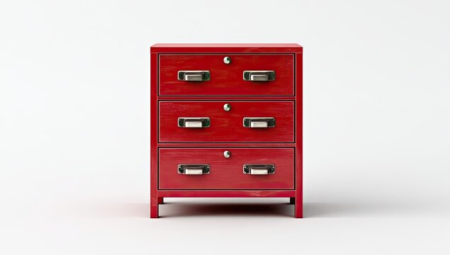 Bright red three-drawer filing cabinet with silver handles and locks