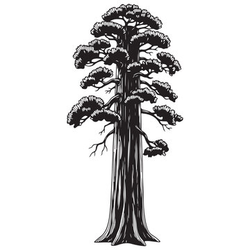 Giant Sequoia Redwood Tree Vector Illustration in Vintage Woodcut Style for Outdoor Branding