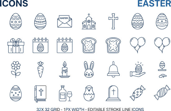Easter icon set, decorated eggs, bunny face, church cross, holiday celebration, spring symbols, religious tradition, festive design, editable vector, minimalist outline style