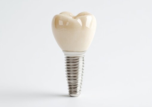 Realistic dental implant crown and post against bright white background