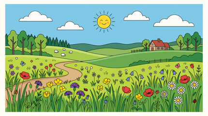 Naklejka premium Sunny day with a winding road through a colorful flower field towards a house under a blue sky with white clouds.